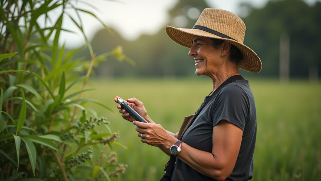 Professional photography of a Pantanal ecotourism farm, middle-aged Brazilian woman exploring Mulher explorando a natureza exuberante em fazenda de ecoturismo no Pantanal Sul.
