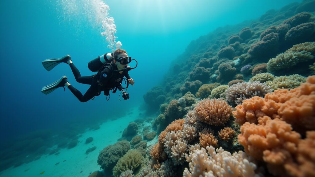 Professional photography of women scuba diving in Roatan, Honduras, vibrant coral reef, clear Mergulhadoras explorando os vibrantes recifes de corais em Roatán, Honduras.