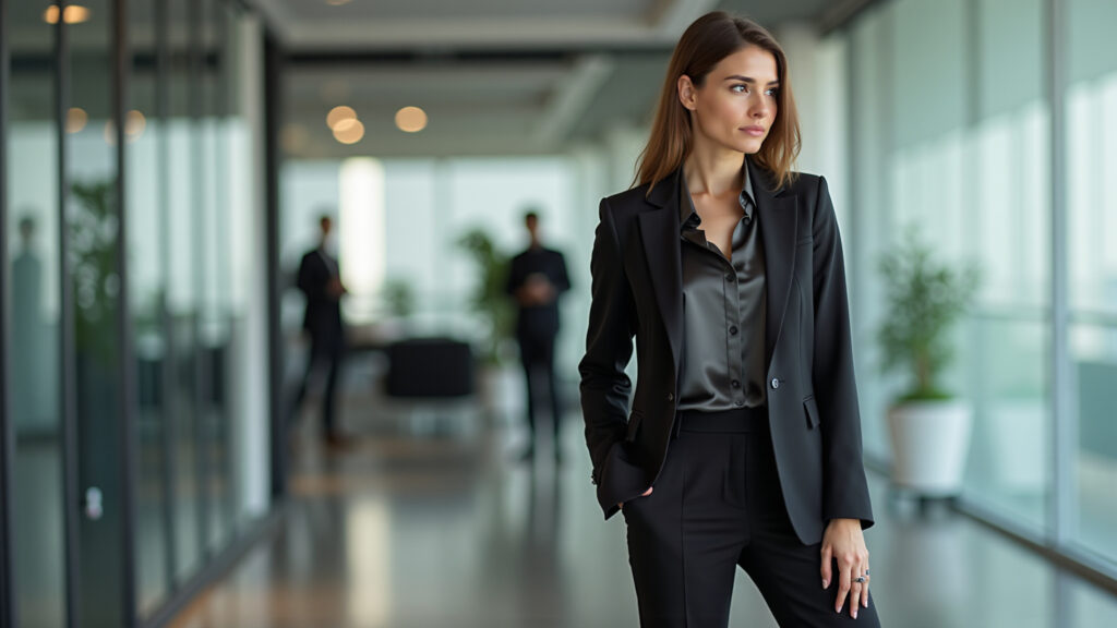 Professional woman in black blazer, tailored pants, silk blouse, working in a modern Brazilian Look formal para o trabalho com blazer preto e calça de alfaiataria.