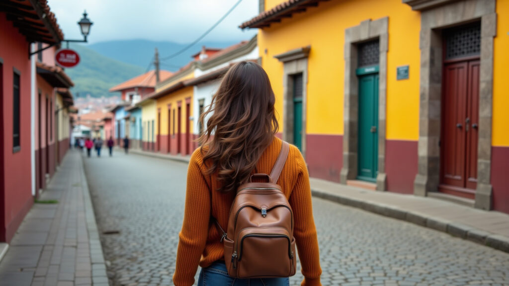 Quito, Ecuador: woman exploring the historic city center, colorful colonial architecture, Mulher explorando o centro histórico de Quito.