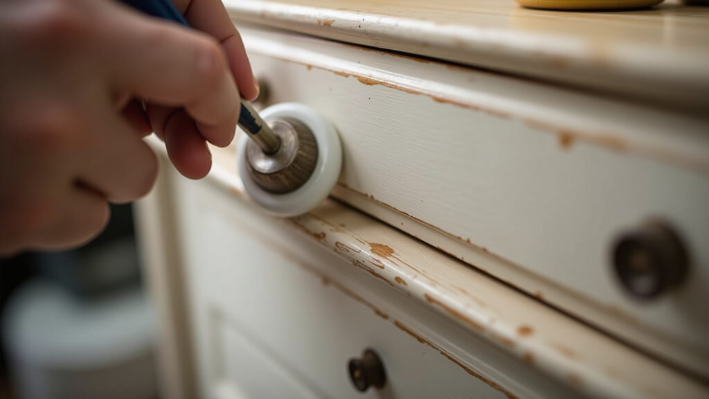 Replacing cabinet knobs on antique dresser, ceramic knobs, close-up, tools, natural light, Trocando puxadores de cômoda antiga.