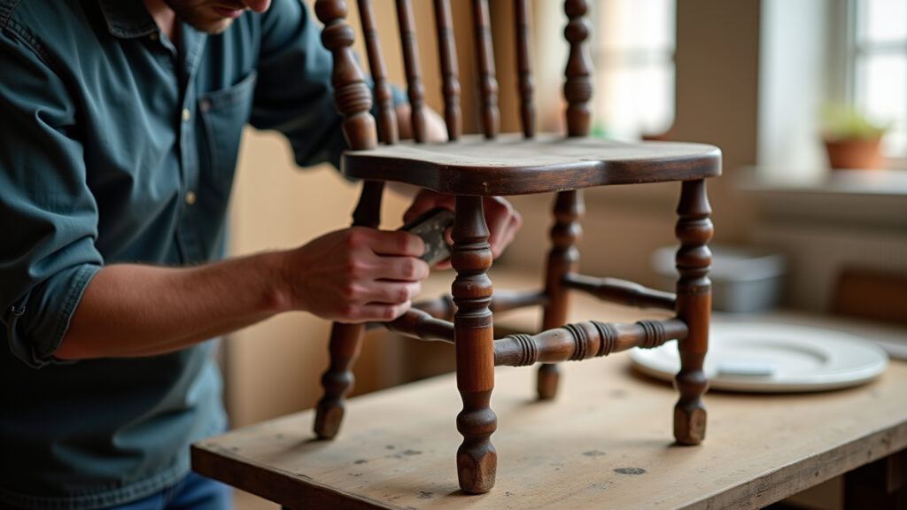 Restoring antique wooden chair, wood filler, sanding, workshop, natural light, professional Restaurando cadeira antiga de madeira.