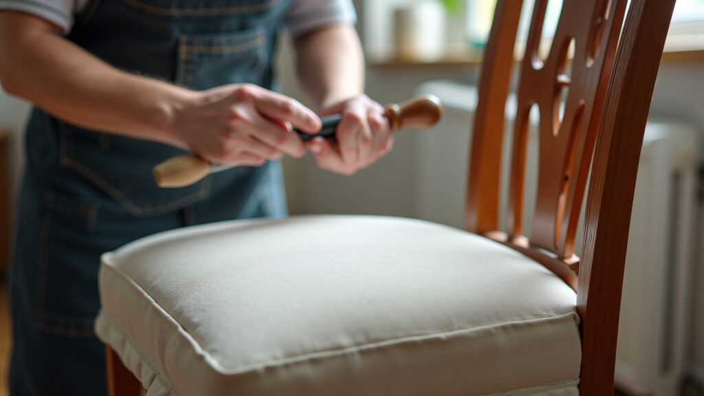 Reupholstering antique chair, linen fabric, upholstery tools, close-up, natural light, professional Revestindo cadeira antiga com tecido de linho.