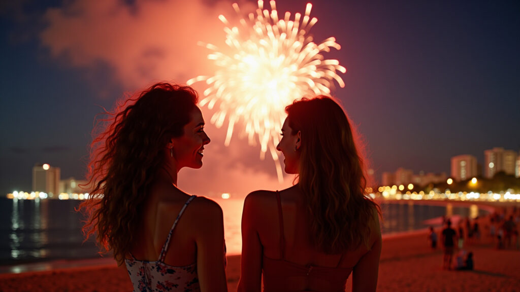 Rio de Janeiro New Year's Eve: diverse women watching fireworks on Copacabana beach, joyful, Mulheres assistindo aos fogos de artifício no Réveillon em Copacabana.