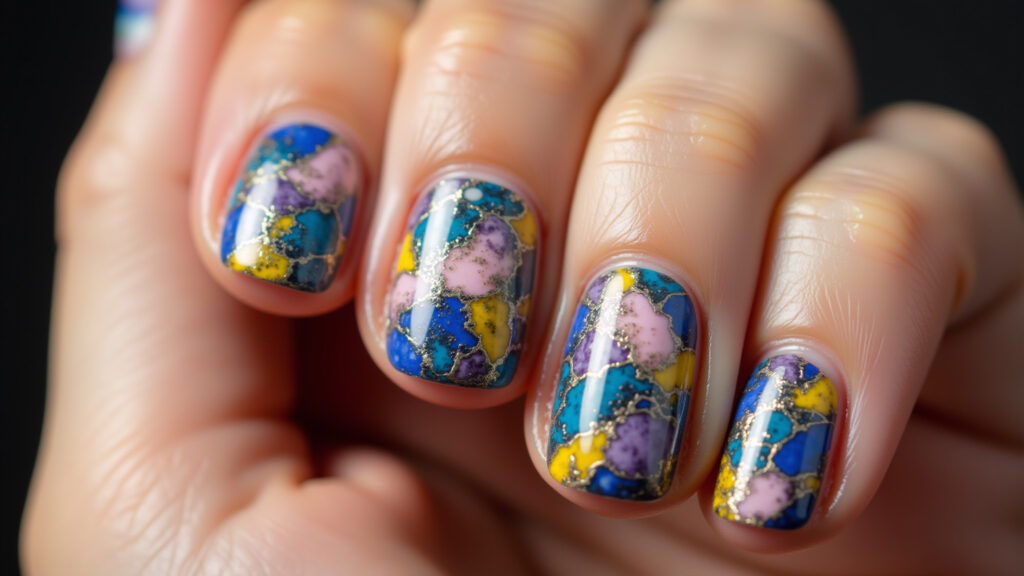 Round nails decorated with geometric nail art, vibrant colors, lifestyle photography, 8K quality, Unhas redondas decoradas com nail art geométrica.