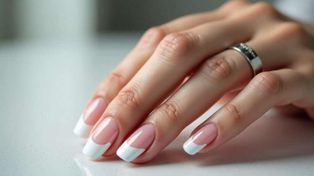 Round nails with classic French manicure, clean and modern, natural lighting, professional Unhas redondas com francesinha clássica.