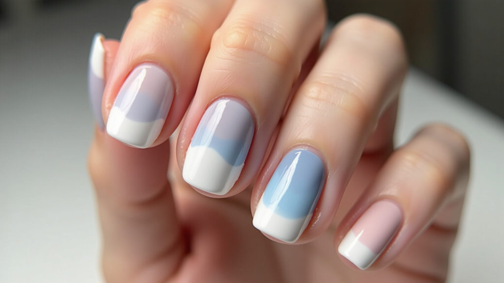 Round nails with ombre effect, smooth color transition, pastel tones, professional photography, 8K Unhas redondas com efeito ombré.