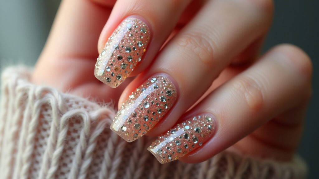 Round nails with rhinestones, luxurious and glamorous, sparkling details, professional photography, Unhas redondas com pedrarias: luxo e glamour.