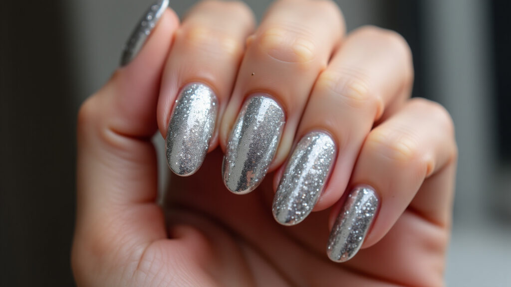 Round nails with silver glitter, glamorous and festive, party setting, professional photography, 8K Unhas redondas com glitter prata.