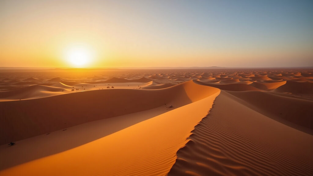Sahara desert sunrise, golden dunes, professional photography, 8K quality, sharp focus, natural Amanhecer no Deserto do Saara, Marrocos.