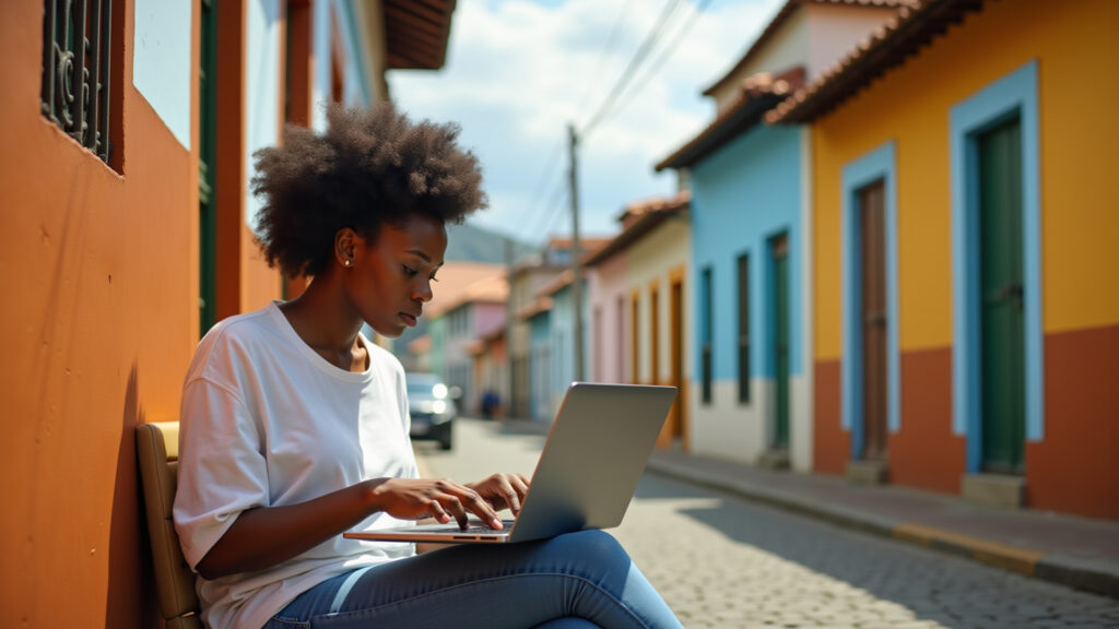 Salvador Bahia street scene. Afro-Brazilian woman digital nomad working on laptop in colorful Nômade digital trabalhando em Salvador, Bahia.