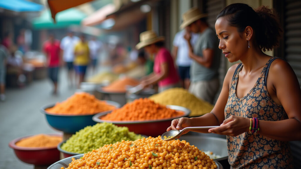 Salvador street food: woman buying acarajé, vibrant colors, busy market, natural lighting, 8K, Mulher comprando acarajé em Salvador, Bahia, em um mercado vibrante.