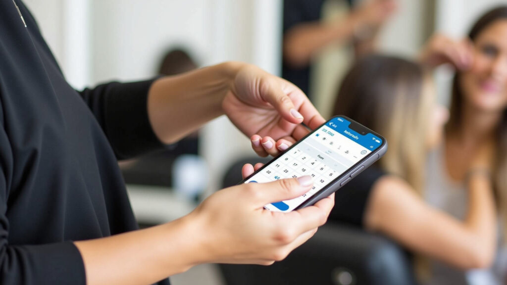 Scheduling a hair trim appointment, focus on phone screen, bright salon, Brazilian style, 8k, Agendando corte bordado para remover pontas duplas.