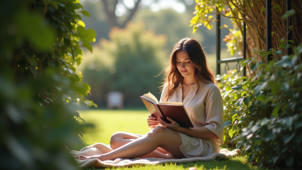 Secretário: Woman reading in a peaceful garden, bucolic refuge, charming pousada, natural Mulher lendo em jardim tranquilo em Secretário.