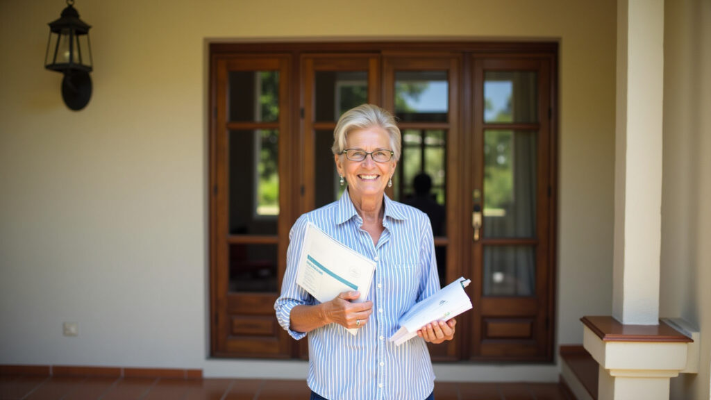 Senior woman smiling, holding travel documents, standing in front of a charming pousada. 'Farm Rio' Idosa sorrindo com documentos de viagem, pousada charmosa ao fundo.