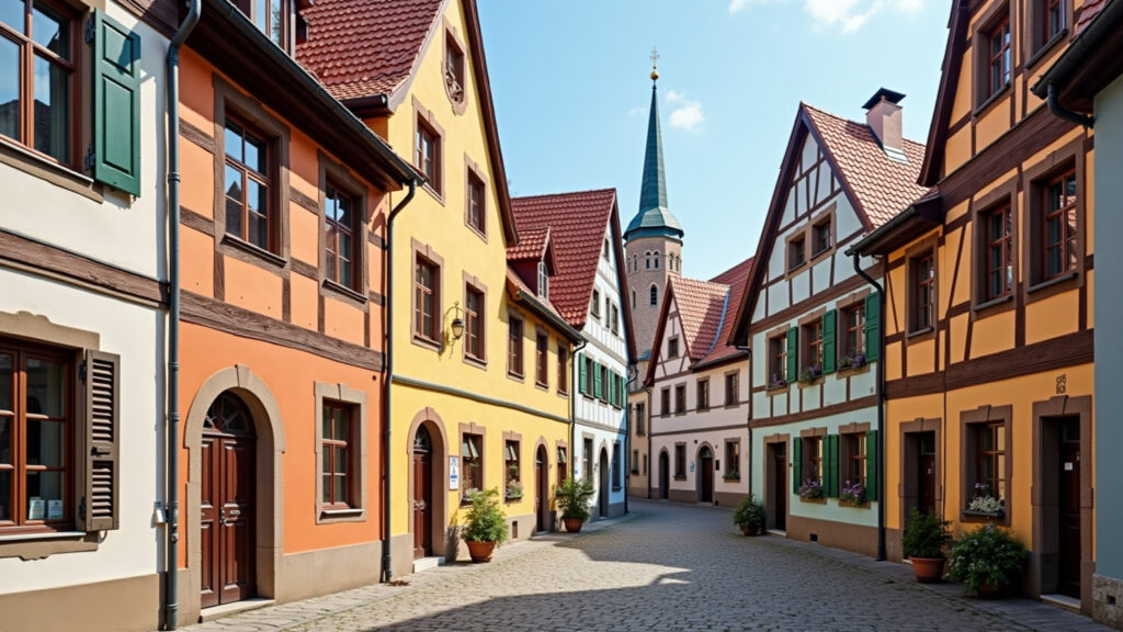 Silesian medieval town, colorful buildings, cobblestone streets, professional photography, 8K Cidade medieval na Silésia, com edifícios coloridos e ruas de paralelepípedos.