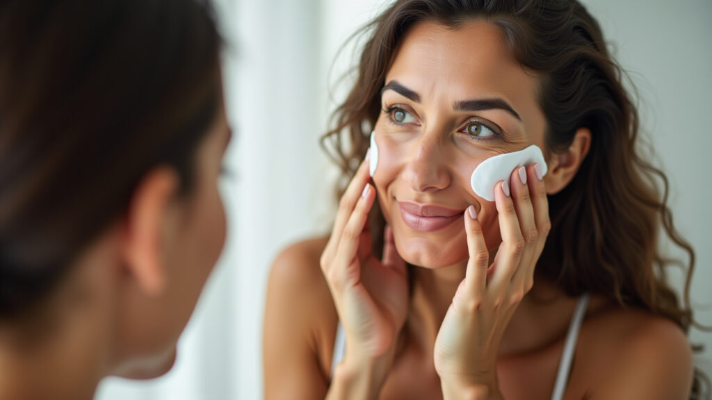 Skincare for dry skin, woman applying moisturizer, focus on hydration, 8k, professional Skincare minimalista para pele seca.