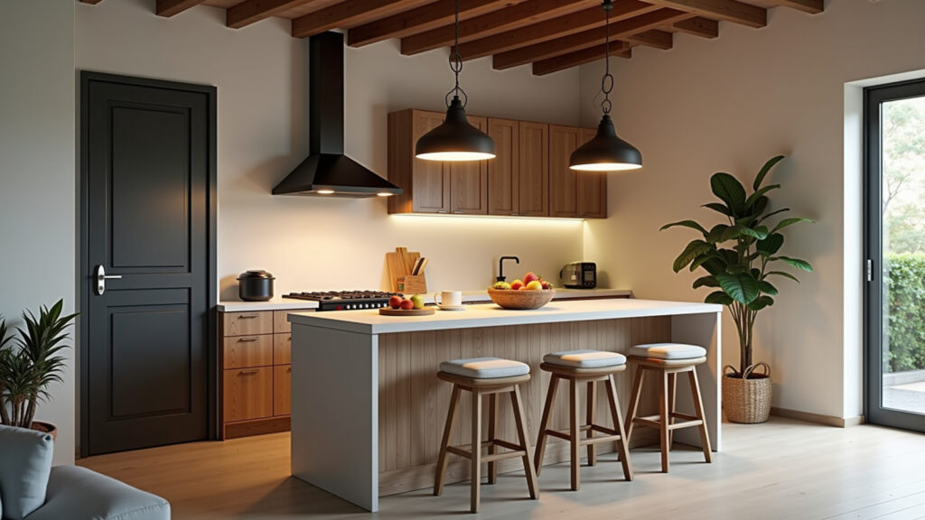 Small kitchen island with breakfast bar, comfortable stools, Brazilian style, cozy atmosphere, Cozinha pequena com ilha e balcão para refeições, um cantinho aconchegante.