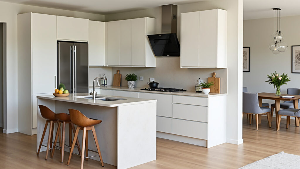 Small kitchen island with built-in cabinets, organized storage, Brazilian decor, modern design, Cozinha pequena com ilha e armários embutidos, organização essencial.