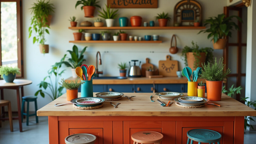 Small kitchen island with colorful details, vibrant utensils, Brazilian decor, joyful atmosphere, Cozinha pequena com ilha e detalhes coloridos, alegria e vitalidade.