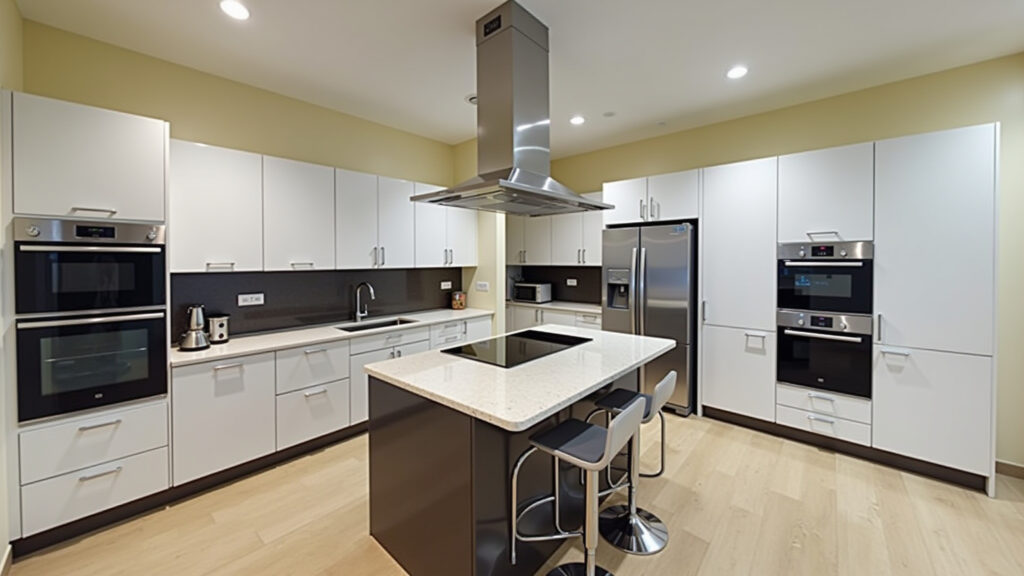 Small kitchen island with cooktop, modern appliances, clean design, Brazilian style, stainless Cozinha com ilha pequena e cooktop integrado, otimizando o espaço.