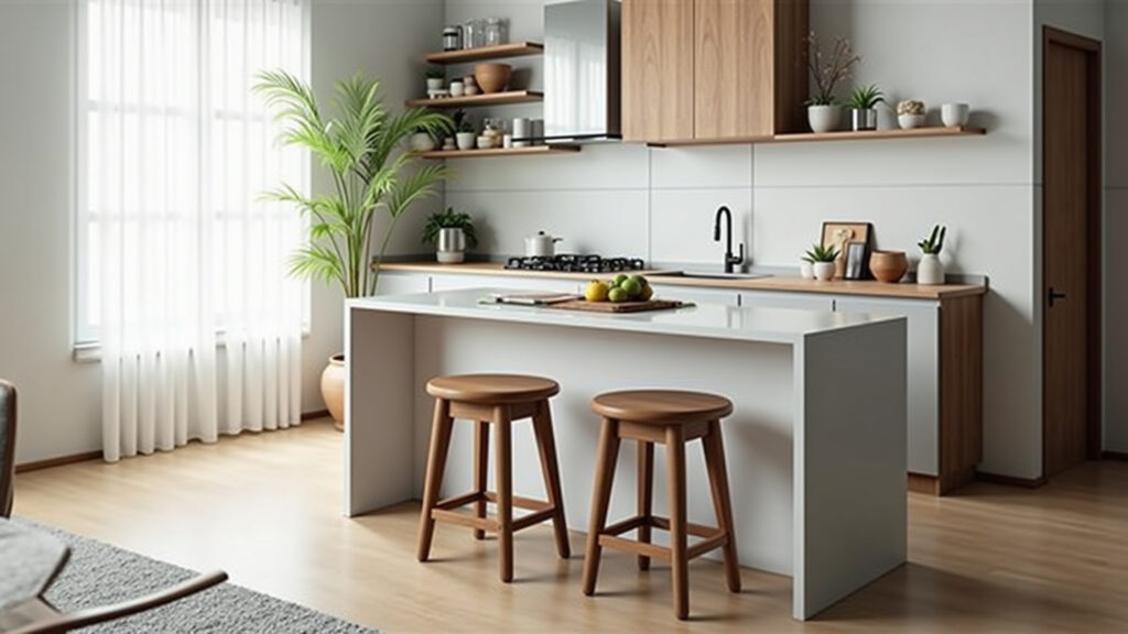 Small kitchen island with narrow countertop, bright natural light, modern Brazilian apartment, Cozinha pequena com ilha e bancada estreita, otimizando espaço.