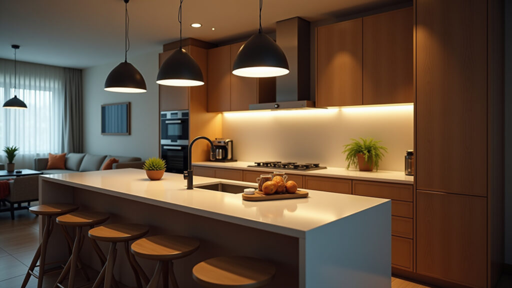 Small kitchen island with strategic lighting, spotlights, pendant lamp, Brazilian apartment, warm Cozinha pequena com ilha e iluminação estratégica, valorizando o espaço.