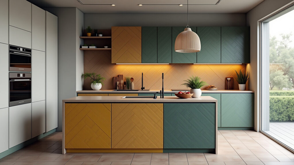 Small kitchen island with unique cladding, textured porcelain, Brazilian design, personalized Cozinha pequena com ilha e revestimento diferenciado, destaque e personalidade.