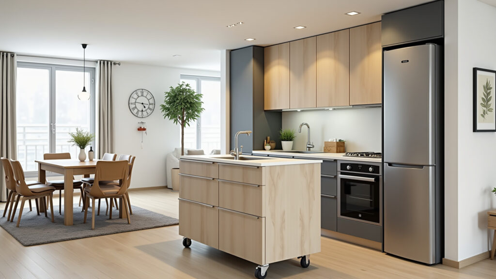 Small kitchen island with wheels, flexible design, modern Brazilian apartment, bright and airy, Ilha de cozinha pequena com rodinhas, fácil de mover e versátil.