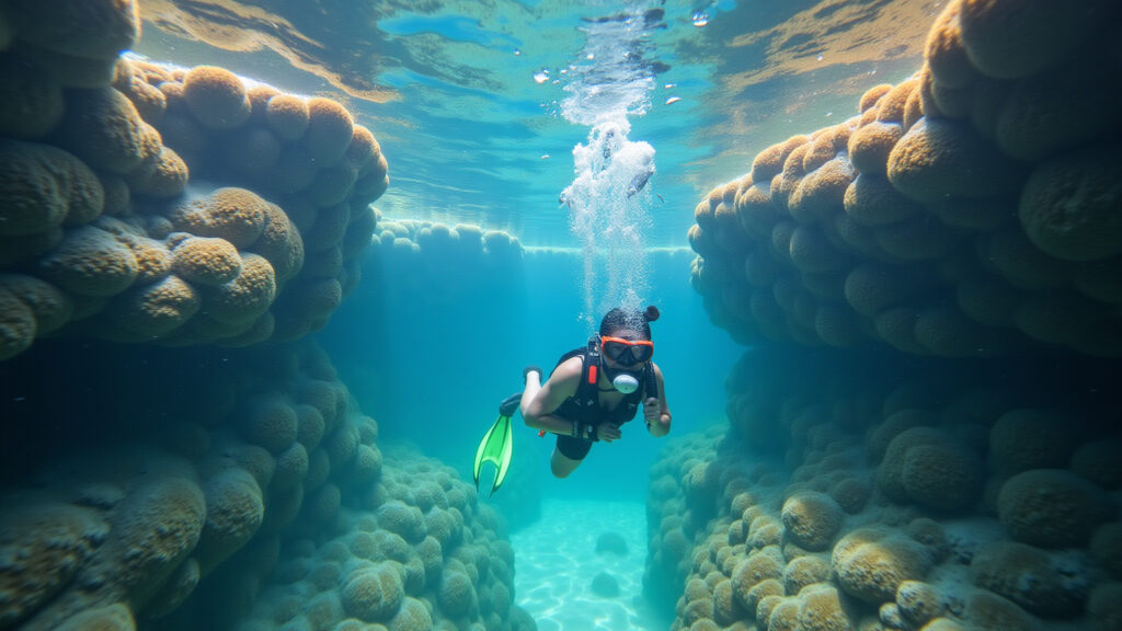Snorkeling Maracajaú reefs, clear water, colorful fish, professional photography, 8K quality, Mergulho nas piscinas naturais de Maracajaú.
