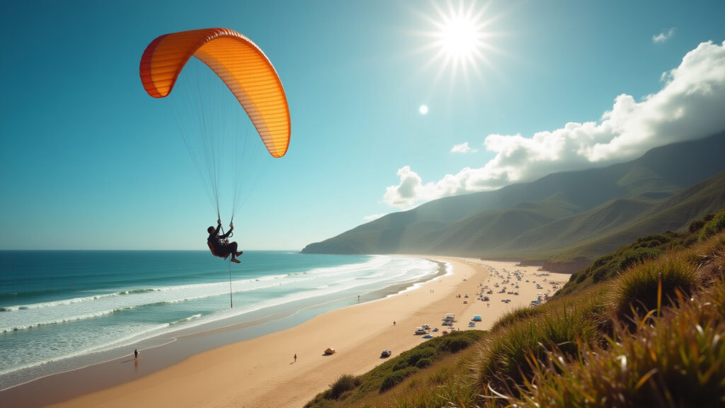 São Conrado beach, paragliding, professional photography, 8K, hyper-realistic, natural lighting, São Conrado: voo livre e segurança na orla para mulheres.