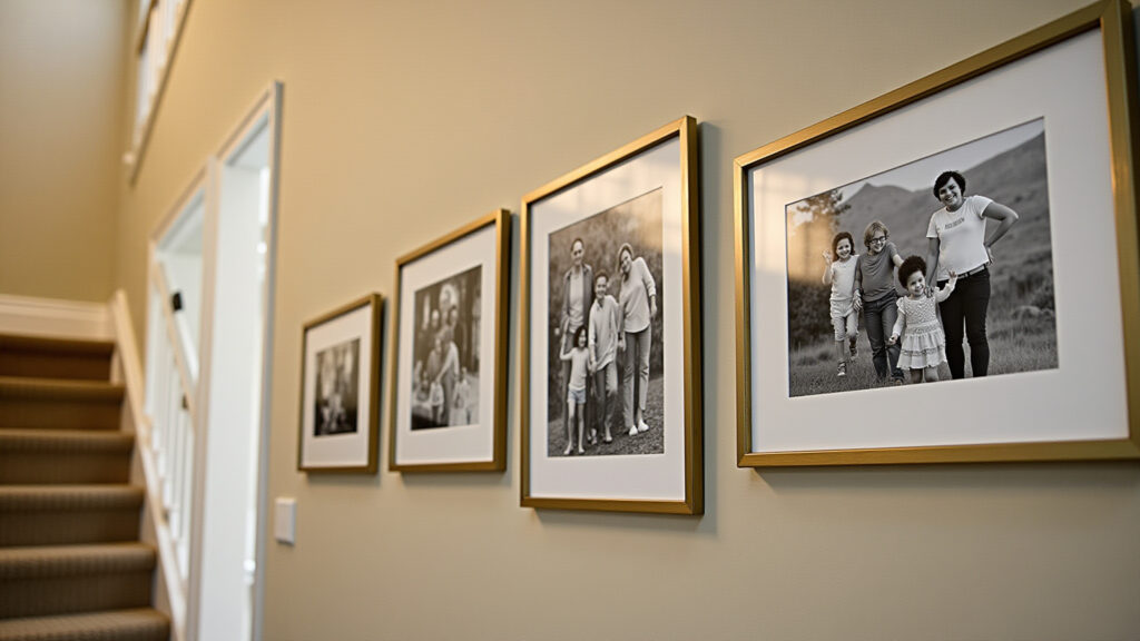 Staircase photo gallery, family timeline, home decor, warm lighting, personal memories, lifestyle Galeria de fotos na parede da escada.
