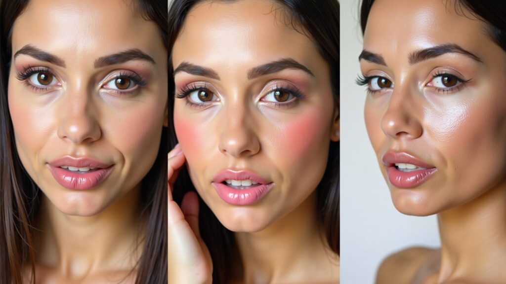 Strawberry makeup tutorial, showing steps of applying light foundation, rosy blush, and Tutorial de maquiagem strawberry mostrando aplicação de base leve e blush rosado.