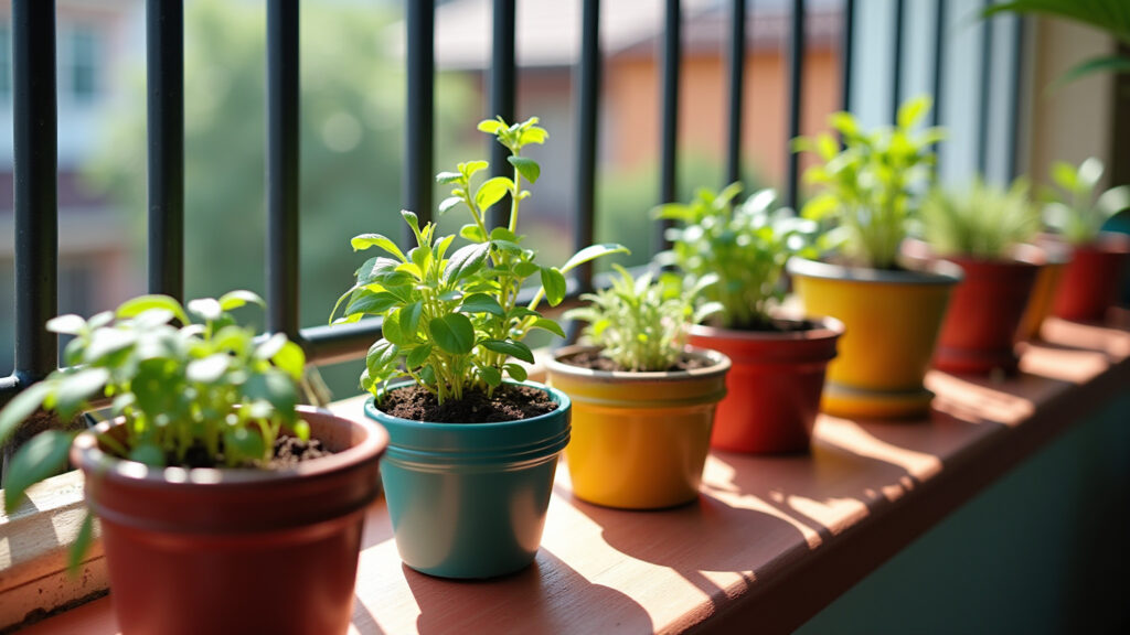 Sunlit balcony, various sizes of ice cream container planters, colorful paint, herbs growing, Vasos de plantas feitos com potes de sorvete pintados.