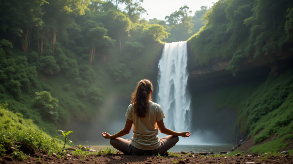 Sustainable refuge in Chapada dos Veadeiros, woman meditating, waterfalls, 8K quality, natural Mulher meditando em meio à natureza exuberante da Chapada dos Veadeiros.