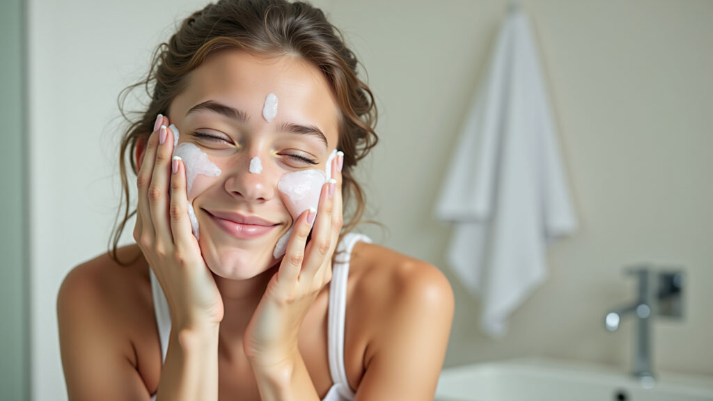 Teen minimalist skincare, young woman washing face, gentle cleanser, 8k, professional photography, Skincare minimalista para adolescentes.