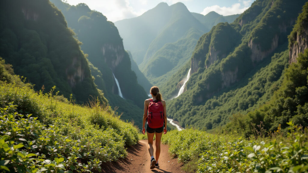 Teresópolis: Woman hiking in Serra dos Órgãos National Park, lush greenery, waterfalls, natural Mulher fazendo trilha no Parque Nacional de Teresópolis.