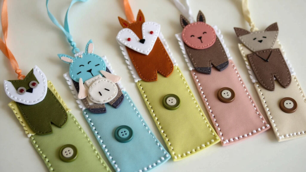 Themed bookmarks, forest animals, felt, ribbons, buttons, close-up, natural light, 8K quality, Marcadores de página temáticos como lembrancinha de maternidade.