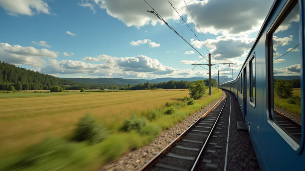 Train travel in Poland, scenic countryside view, professional photography, 8K quality, sharp focus, Viagem de trem na Polônia, com vista para a paisagem campestre.