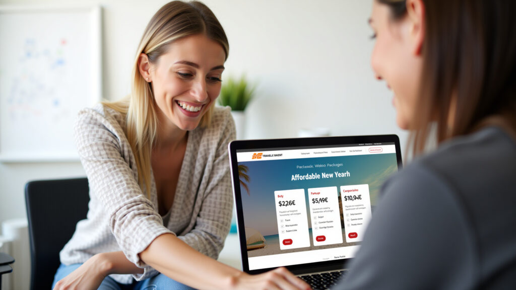 Travel agency: woman looking at affordable New Year's packages on a laptop, smiling, bright office, Mulher sorrindo enquanto pesquisa pacotes de Réveillon acessíveis online.