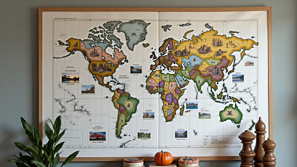 Travel photo display, world map, souvenirs, home decor, adventure memories, lifestyle photography, Decoração com fotos de viagens e mapa-múndi.