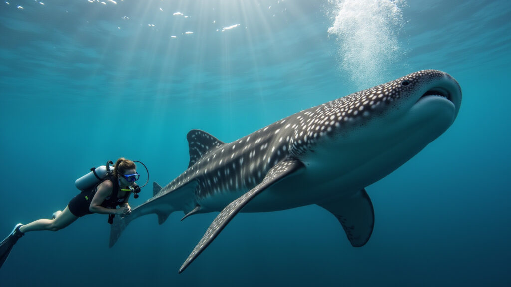 Underwater photo, Utila, Honduras, female diver exploring, whale shark encounter, clear water, Mergulhadora encontra um tubarão-baleia em Utila, Honduras.