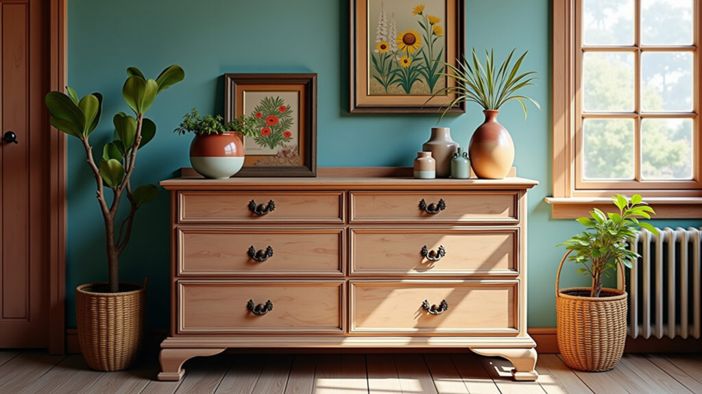 Upcycling vintage wooden dresser. Farm Rio style decor, vibrant colors, natural light, professional Cômoda antiga renovada com estilo Farm Rio.