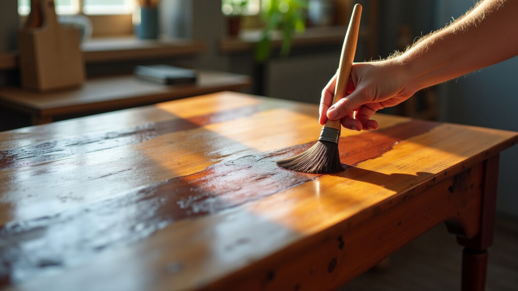 Varnishing antique wooden table, brush strokes, glossy finish, workshop setting, natural light, Envernizando mesa antiga de madeira após a pintura.