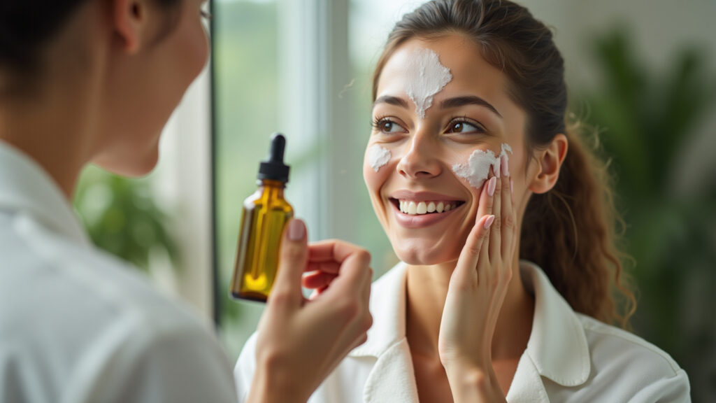 Vegan and cruelty-free skincare, natural ingredients, woman applying organic oil, 8k, professional Skincare vegano e cruelty-free.