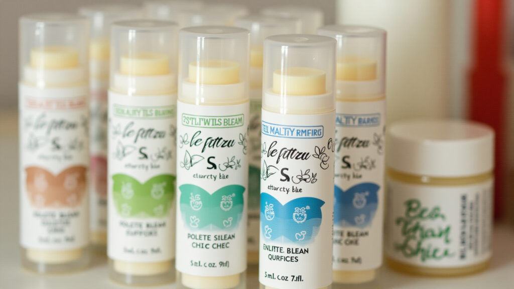 Vegan lip balm display, cruelty-free logo, natural ingredients, Brazilian brand focus, eco-friendly Hidratante labial vegano cruelty-free.