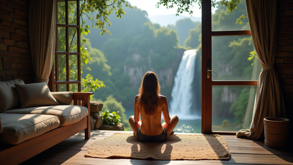 Visconde de Mauá: Woman relaxing by a waterfall, rustic charm, cozy pousada, mountain view, Mulher relaxando em cachoeira em Visconde de Mauá.