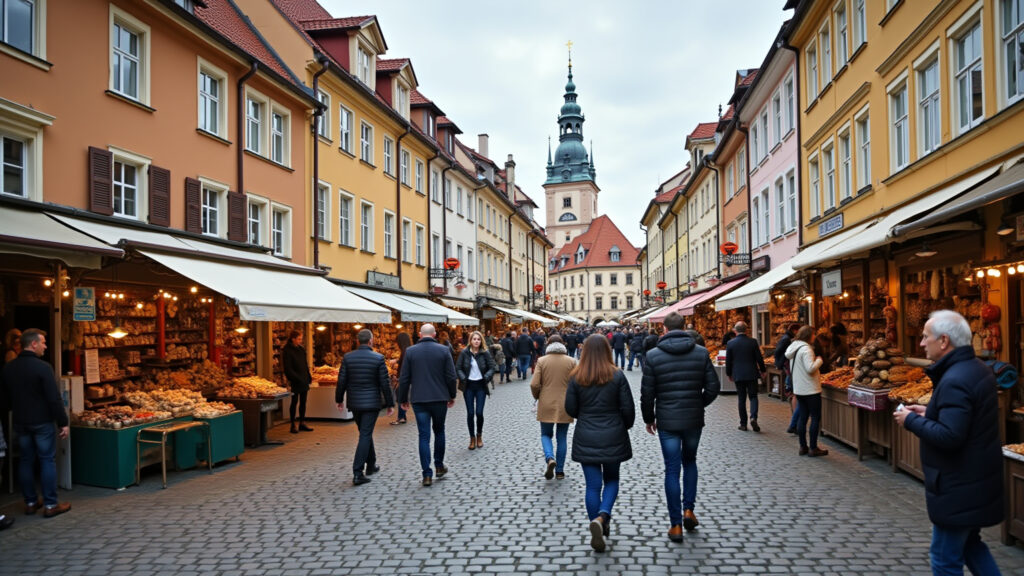 Warsaw's Old Town, meticulously rebuilt, bustling marketplace, vibrant colors, professional Centro Histórico de Varsóvia reconstruído, vibrante e cheio de vida.