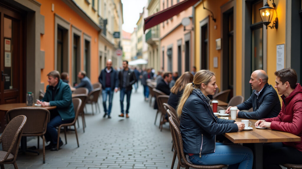 Warsaw's reconstructed Old Town, vibrant street cafe, people enjoying coffee, professional Café vibrante no centro histórico reconstruído de Varsóvia.