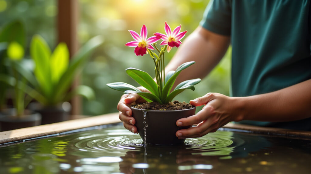 Regando o kokedama de orquídea por imersão.